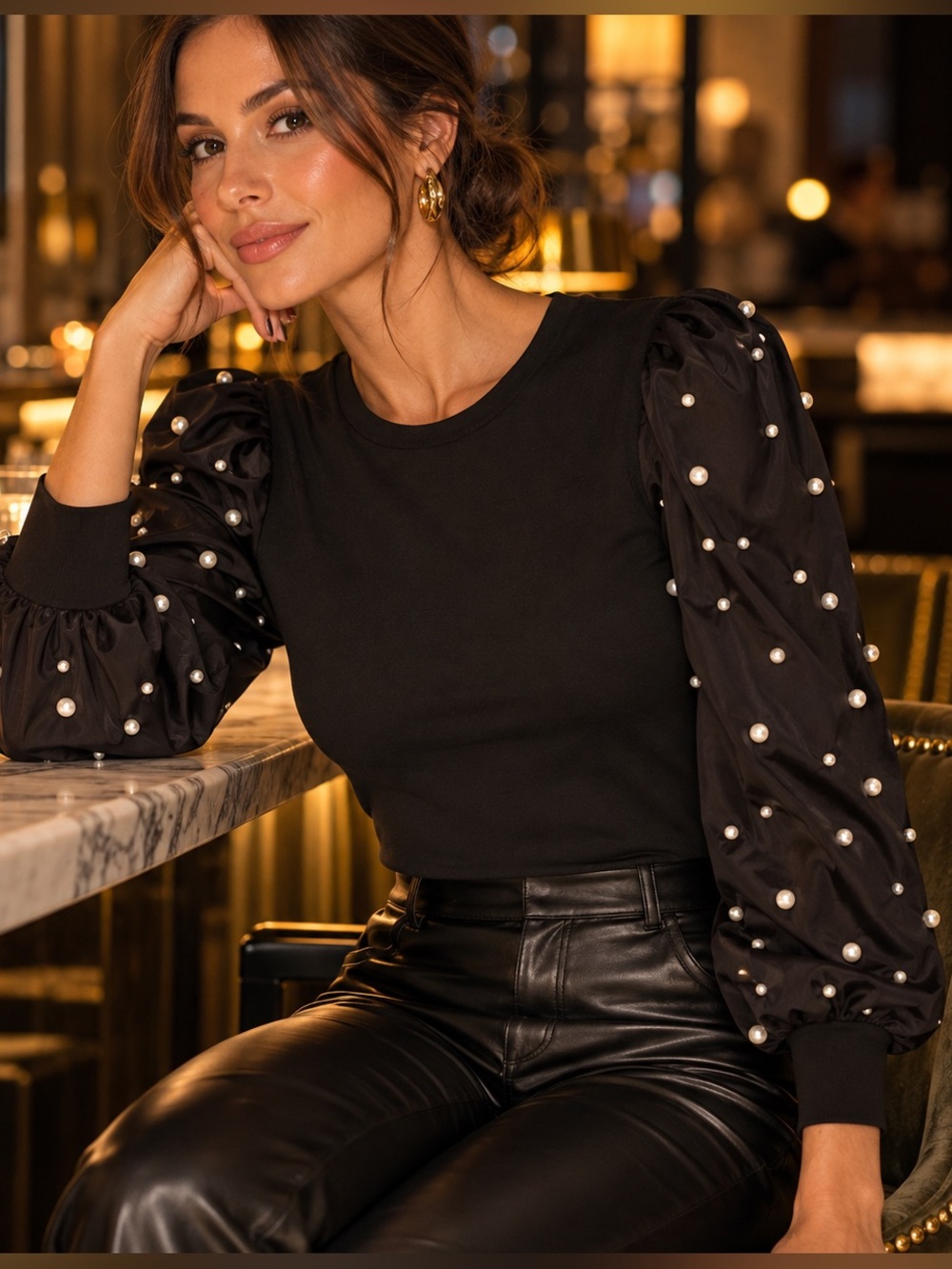 BOSTON PROPER Black Pearl Embellished Puff Sleeve Top Size M